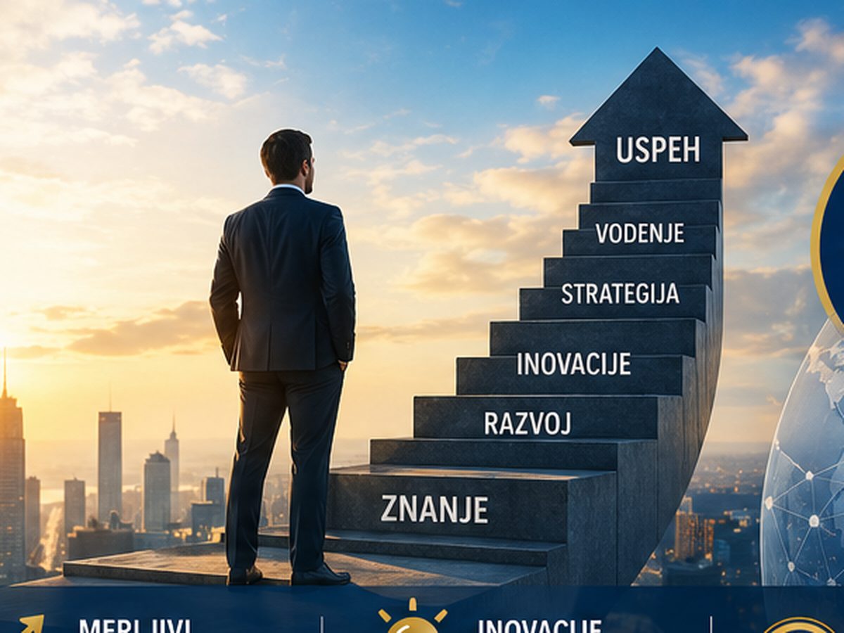 Poslovnež stoji pred stopnicami z napisi znanje, razvoj, inovacije, strategija, vodenje in uspeh